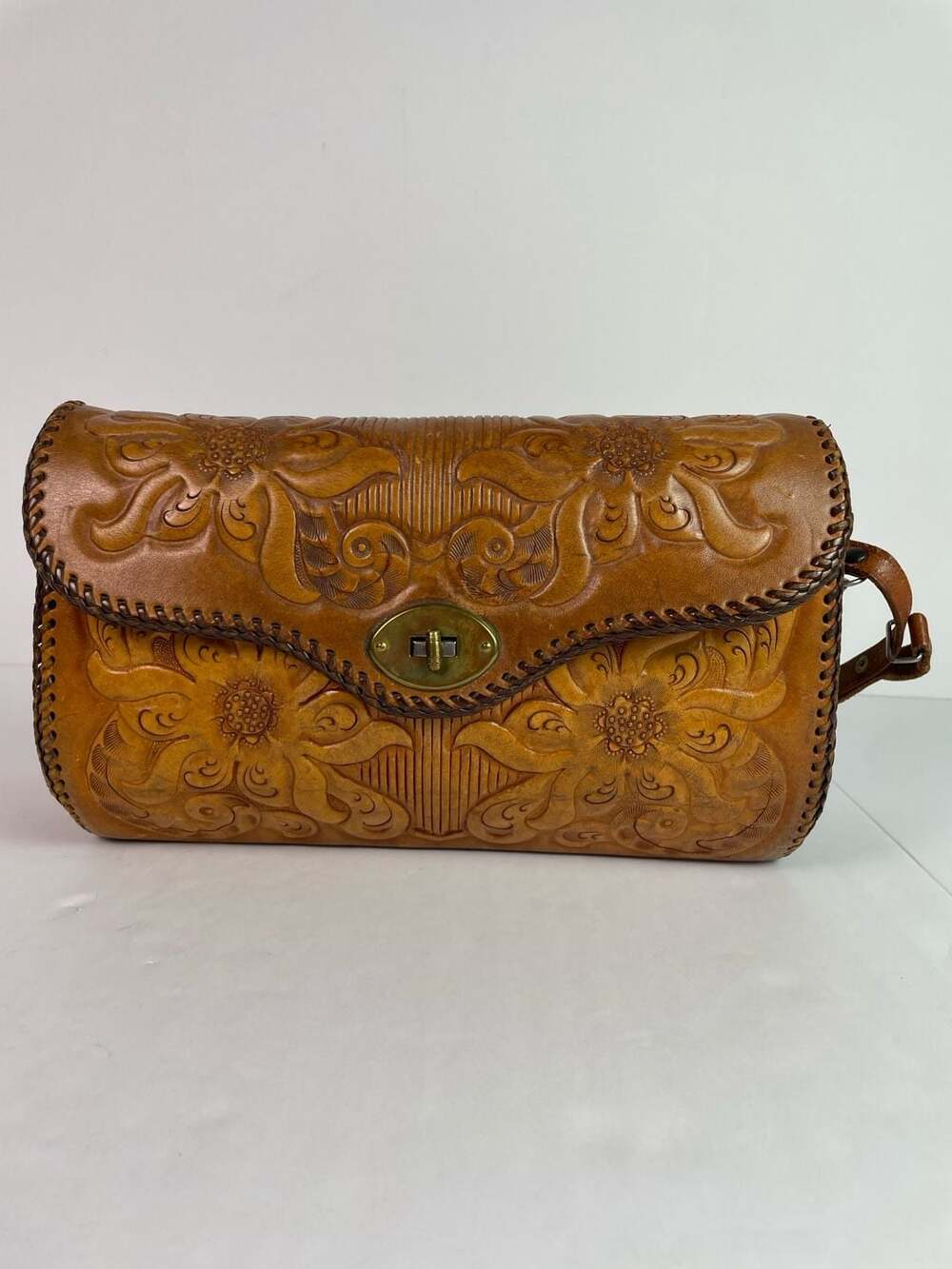 Vintage Hand Tooled Leather Floral Shoulder Bag with Turn Lock